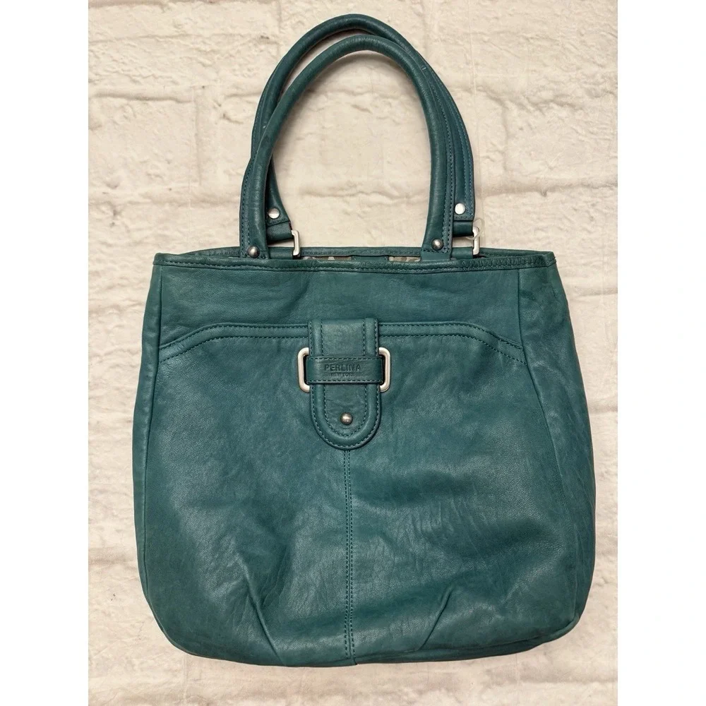 Perlina Brushed Leather Hobo Shoulder Bag Purse Green Buckle Medium Tote